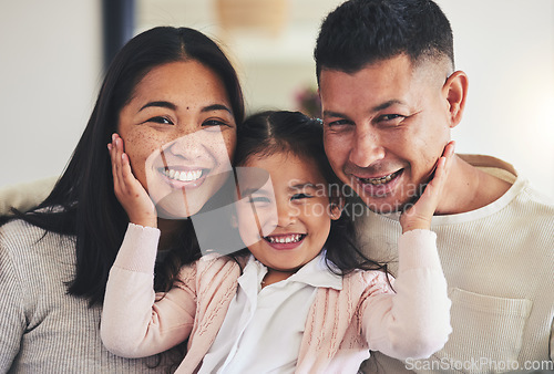 Image of Smile, love and portrait with family on sofa for happy, bonding and support. Hug, happiness and lounge with Mexico parents with child and embrace in living room at home for calm, cheerful and peace