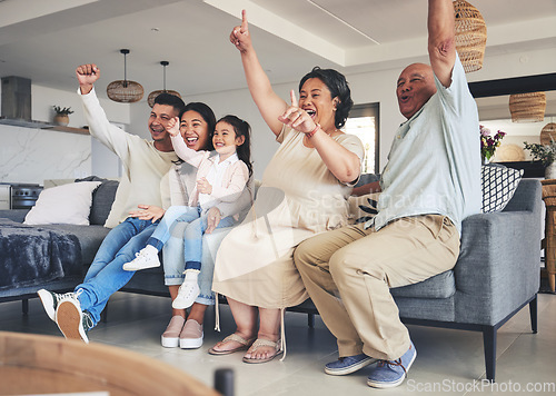 Image of Happy family, child or grandparents in celebration for a goal in home living room watching tv together. Grandfather, score or excited mom cheering with dad, child or grandmother for sports success