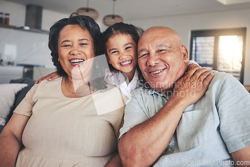 Image of Smile, hug and portrait of grandparents and child on sofa for happy, bonding and support. Love, happiness and relax with Mexico family and embrace in living room at home for calm, cheerful and peace