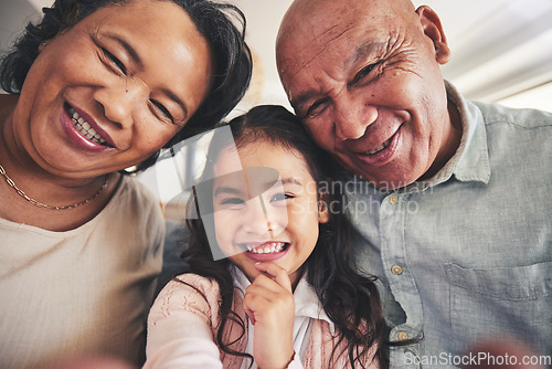 Image of Portrait, selfie or happy grandparents with girl child in living room bonding together as a family in Mexico. Profile picture, faces or grandmother with grandfather or kid at home on holiday vacation