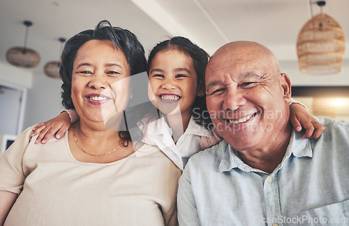 Image of Smile, relax and portrait of grandparents and child on sofa for happy, bonding and support. Hug, happiness and love with Mexico family and embrace in living room at home for calm, cheerful and peace