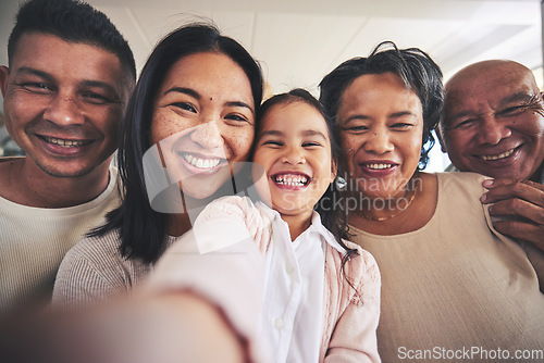 Image of Portrait, happy or grandparents selfie with child in big family for memory or bonding together in Mexico. Dad, mom or faces of grandmother taking photo with fun grandfather, grandma or kid at home