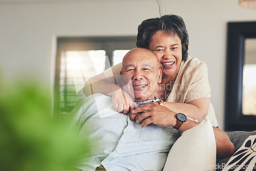 Image of Portrait, senior or happy couple hug to relax on house sofa bonding with trust, love or loyalty together. Smile, joy or mature woman with support, care or elderly man on couch at home in retirement