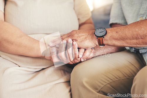 Image of Retirement, holding hands or old couple for hope, support or loyalty in marriage commitment at home. Zoom, comfort or senior man bonding to relax with an elderly woman on anniversary for love or care