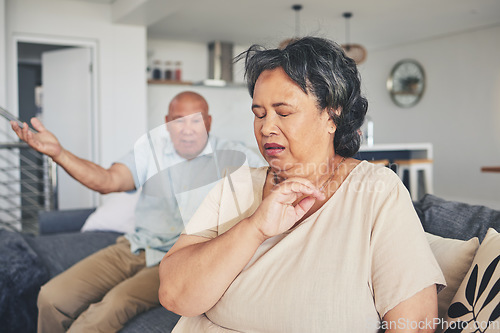 Image of Fight, divorce or frustrated old couple argue with stress for marriage problem, breakup or bad communication. Shouting, home or angry senior people in conflict or betrayal of cheating crisis or drama