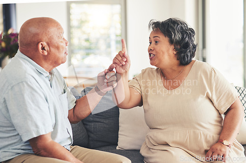 Image of Fight, divorce or angry old couple argue with stress for marriage problem, breakup or bad communication. Shouting, home or frustrated senior people in conflict or betrayal of cheating crisis or drama