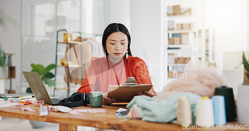 Image of Fashion designer woman planning her small business startup with checklist in textile, tailor and fabric check at office studio. Quality control, manufacturing and asian person coffee for productivity