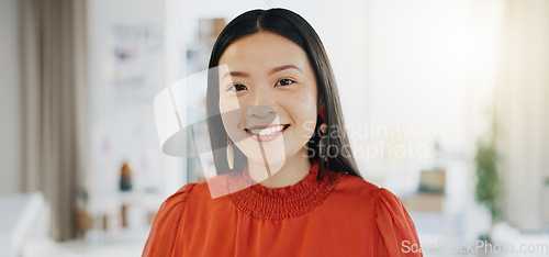 Image of Face, happy and business woman on office, confident and empowered against a blurred background. Portrait, leader and female startup owner in Japan for career, goal and mission, vision and positivity