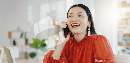 Image of Phone call, laptop and order with a designer asian woman at work in her fashion office for creative style. Contact, ecommerce and design with a female employee talking on her phone for retail