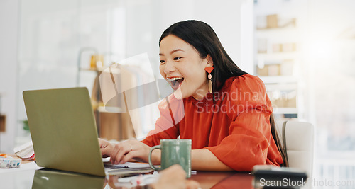 Image of Fashion designer or woman winning on laptop for small business, startup success and online shop goals celebration. Ecommerce seller, asian person or winner yes, celebrate her clothes sales or profit