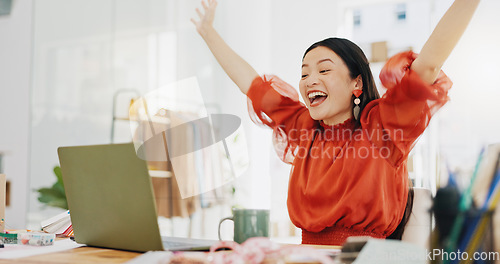 Image of Fashion designer or woman winning on laptop for small business, startup success and online shop goals celebration. Ecommerce seller, asian person or winner yes, celebrate her clothes sales or profit