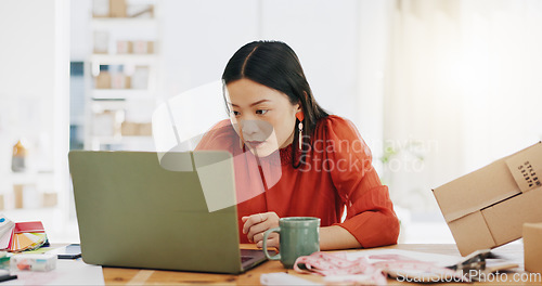 Image of Thinking, concentrating and laptop with business woman for planning, research and idea. Technology, question and inspiration with employee at desk for solution, designer and creative in startup