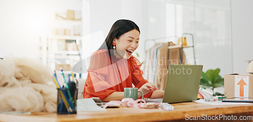 Image of Fashion designer or woman winning on laptop for small business, startup success and online shop goals celebration. Ecommerce seller, asian person or winner yes, celebrate her clothes sales or profit