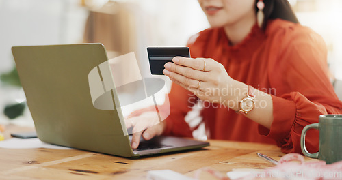 Image of Woman hands, credit card and laptop for business online shopping, trading or fintech payment in office startup. Professional person typing bank information on computer for website loan or transaction