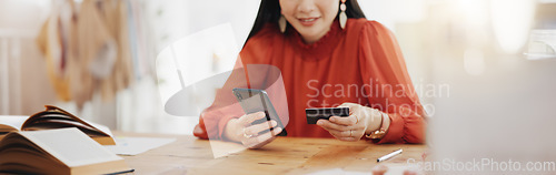 Image of Woman hands, credit card and phone for business online shopping, trading or fintech payment in office startup. Professional person typing bank information on cellphone for website loan or transaction