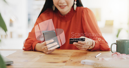 Image of Woman hands, credit card and phone for business online shopping, trading or fintech payment in office startup. Professional person typing bank information on cellphone for website loan or transaction