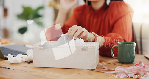 Image of Tissue, blowing nose and sick Asian woman in office with sinus infection, virus and allergy symptoms. Business, corporate workplace and female worker at desk with cold, fever problem and flu sickness