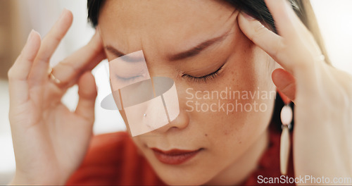 Image of Stress, headache and business woman in a laptop if office, unhappy and anxiety on blurred background. Migraine, burnout and stress asian female entrepreneur frustrated with glitch, internet in Japan