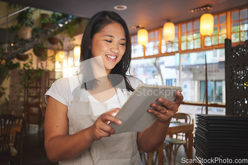 Image of Restaurant, tablet and woman for online for service, inventory and check food menu. Coffee shop, small business and happy waitress, barista or manager on digital tech for cafe website or payment app