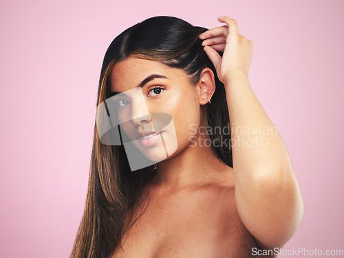 Image of Beauty, skincare and hair with portrait of woman in studio for salon, shampoo and glow. Makeup, spa treatment and keratin with face of model on pink background for balayage, cosmetics and glamour