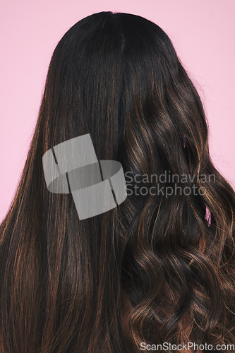 Image of Hair, beauty and back of woman in studio for cosmetic, comparison or before after results on pink background. Haircare, repair and model with shine, glow and healthy growth, volume or keratin texture