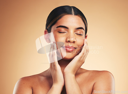 Image of Skincare, beauty and face of woman with eyes closed for wellness, health and facial care in studio. Dermatology, spa touch and natural person on brown background in cosmetics, glow and satisfaction