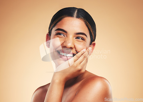 Image of Skincare, beauty and face of woman with smile for wellness, health and facial care in studio. Dermatology, spa and happy person on brown background in cosmetics, makeup and touch for satisfaction