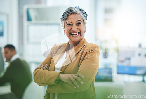 Image of Portrait, mature woman and manager with arms crossed in office, workplace and confident in working for professional startup. Happy, smile and person or ceo with pride and happiness in Egypt business