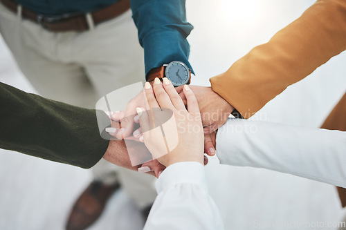 Image of Stack, team building or hands of business people for goal, mission or collaboration with support. Partnership, closeup or top of colleagues in meeting huddle for vision plan, motivation or solidarity