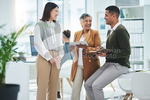 Image of Teamwork, happy or funny business people in meeting laughing at joke in discussion with paperwork. Collaboration, leadership or excited mature mentor talking or speaking of ideas or plan to employees