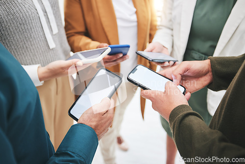 Image of Mobile, hands or people networking in circle to share, info or news on online communication together. Social media, screen display or closeup of friends group in community with phone or technology