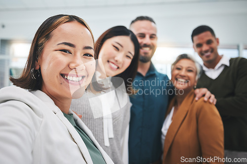 Image of Selfie, portrait and group of business people smile in office for support of global team building. Diversity, employees and face asian woman with friends for profile picture about us on social media