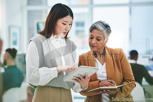 Image of Internship, tablet or woman with mentor in discussion with notebook for news, business info or advice in office. Teamwork, leader or Asian worker talking or learning data analytics in digital agency