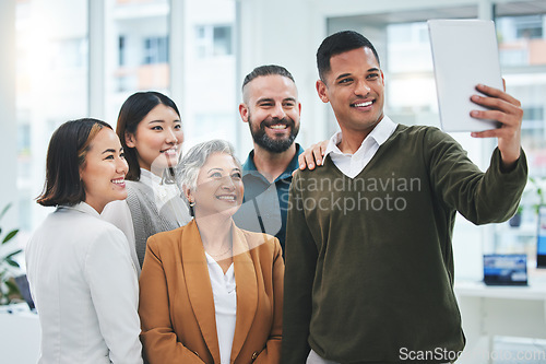 Image of Selfie, tablet and group of business people smile in office for support of global team building. Diversity, employees and happy friends with digital tech for profile picture about us on social media