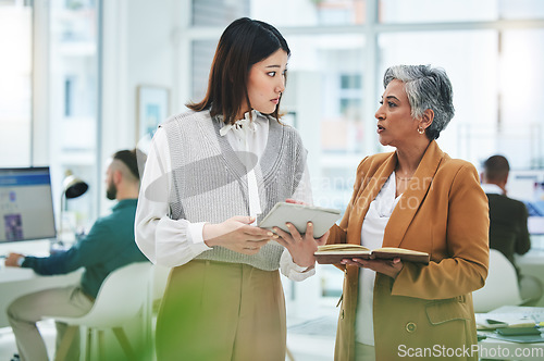 Image of Internship, tablet or mentor training woman in discussion with notebook for news, business info or advice. Teamwork, tech or Asian worker talking or learning online data analytics in digital agency