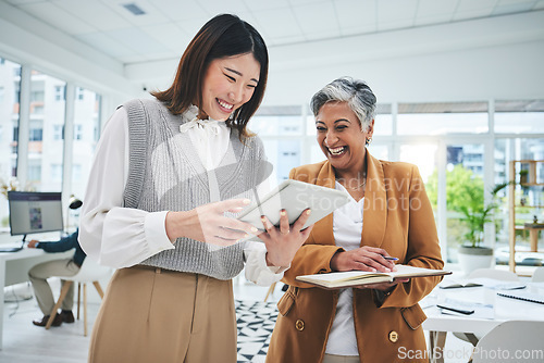 Image of Internship, tablet or happy woman laughing with mentor in discussion with notebook for news, business info or advice. Teamwork, funny or Asian worker talking or learning analytics in digital agency