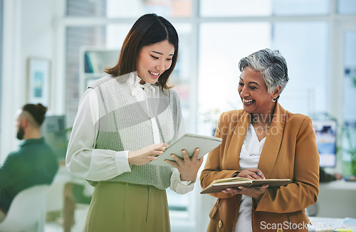 Image of Internship, tablet or happy woman with mentor in discussion with notebook for news, business info or advice. Teamwork, laughing or Asian worker talking or learning data analytics in digital agency