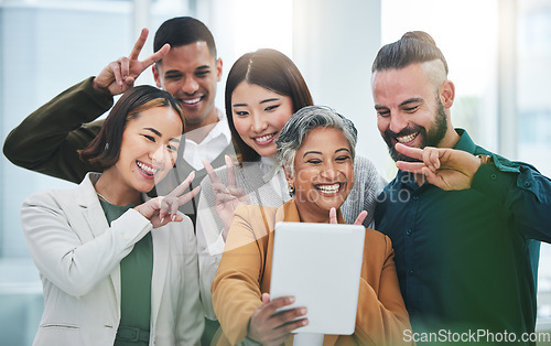 Image of Selfie, tablet and group of business people with peace for support, team building and emoji. Diversity, employees and happy friends with v sign for digital profile picture about us on social media