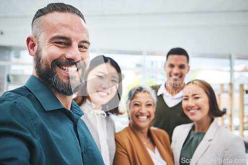 Image of Selfie, portrait and happy business people together in office for team building, collaboration and global company. Diversity, employees and face of friends smile for profile picture on social media