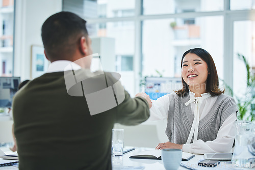 Image of Interview, business people and human resources, handshake and recruitment, onboarding and conversation. Communication, hiring and meeting with feedback, promotion and shaking hands with trust