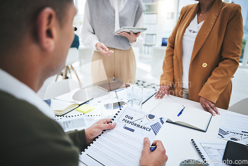 Image of CEO, documents or business people in meeting for feedback or performance review in discussion with paperwork. Report, portfolio file or boss talking or speaking of data analytics to team of employees