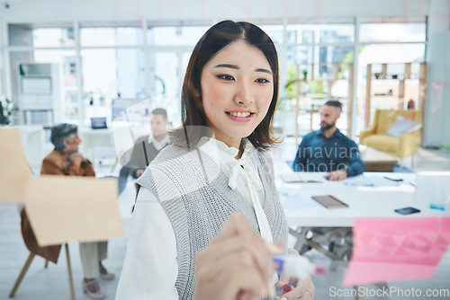 Image of Woman, glass board and brainstorming, writing and sticky note with team leader, workshop business ideas and agenda. Planning, objective and project management, Asian employee and notes with moodboard