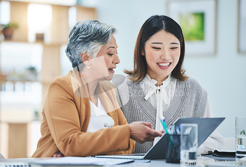 Image of Business people, manager and laptop for planning, teamwork or internship training in marketing meeting. Professional mentor and worker on computer for website advice, support and online collaboration