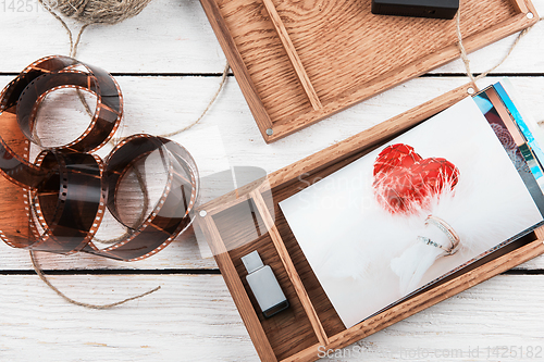 Image of Wooden photo box with photo for Wedding Day.