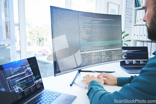 Image of Computer, programmer or technician man for coding, software script or cyber security in office. Behind IT engineer person with technology for programming, future ui and data analytics or innovation