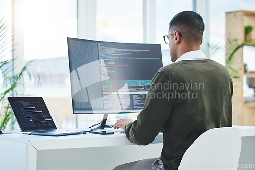 Image of Programmer, technician man and computer for coding, software script or cyber security in office. Behind IT engineer person with technology for programming, future and data analytics or innovation