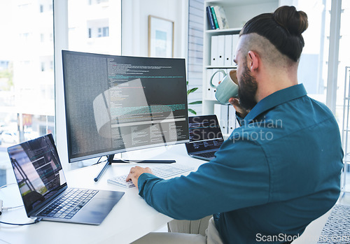 Image of Programmer, developer or man at computer for coding, software script or cyber security in office. Behind IT technician person with coffee and technology for programming, future and data analytics