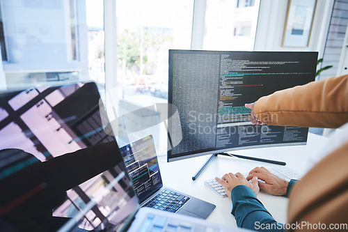 Image of Closeup, manager and worker with computer screen, programming or training with trading, coaching or mentor. Advice, supervisor or employee with pc, coding or cyber security with programmer or fintech