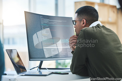 Image of Man, computer screen and thinking of coding, programming or software development and online solution. Programmer or developer reading html script, website problem solving or cybersecurity on monitor