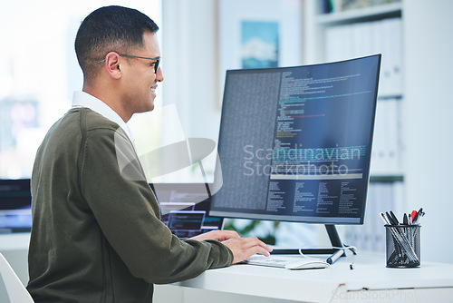 Image of Developer, programming and a man at computer for coding, software script or cyber security in office. Happy IT technician person or programmer with technology for code, future and data analytics